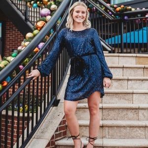 Never worn, tags on, Carmen sequined tunic dress, navy blue with black tie belt.